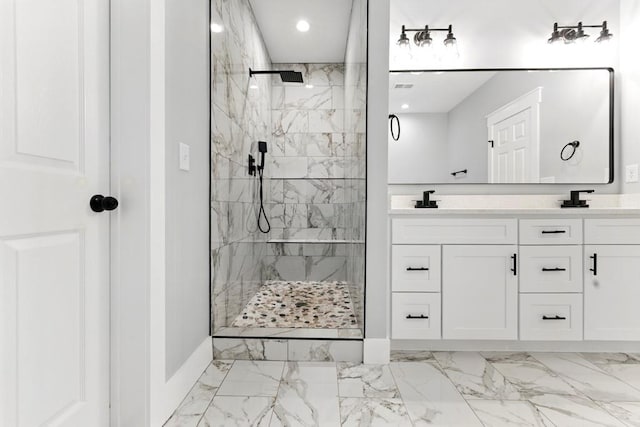 112 Radian Ct, Dallas, GA 30132 - full bathroom with marble finish floors, a marble finish shower, double vanity, baseboards, and recessed lighting
