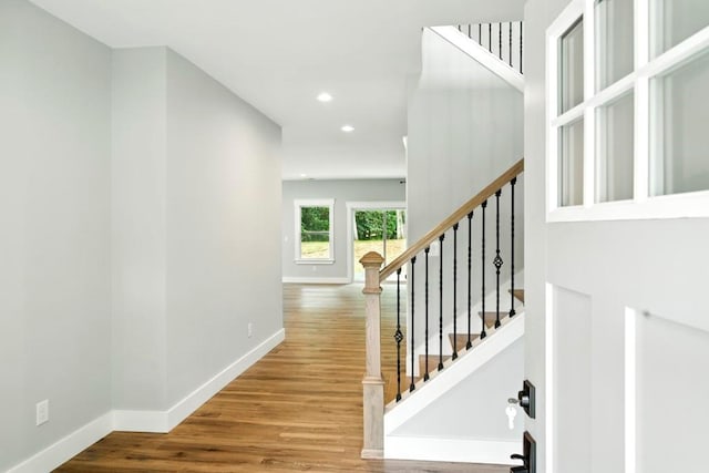 112 Radian Ct, Dallas, GA 30132 - staircase with baseboards, wood finished floors, and recessed lighting