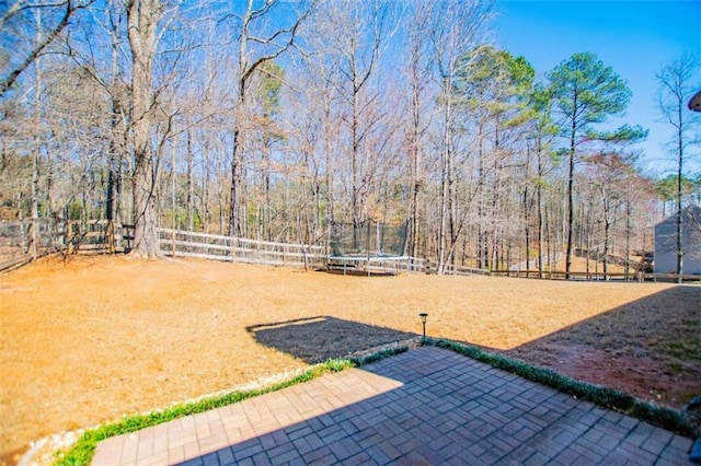 view of yard with a patio, a trampoline, a fenced backyard, and a forest view