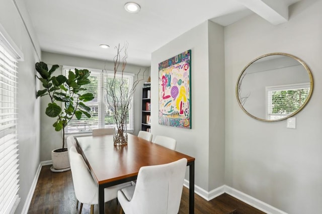 dining room featuring recessed lighting, baseboards, and dark wood-style floors
