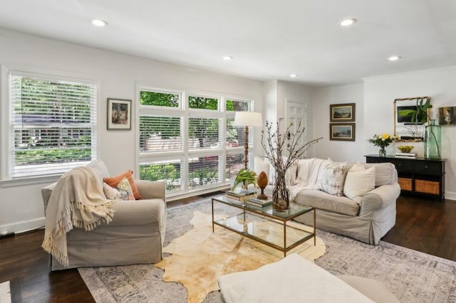 living room with recessed lighting, baseboards, and wood finished floors