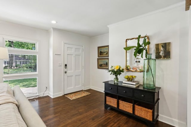 entryway featuring crown molding, baseboards, wood finished floors, and a wealth of natural light