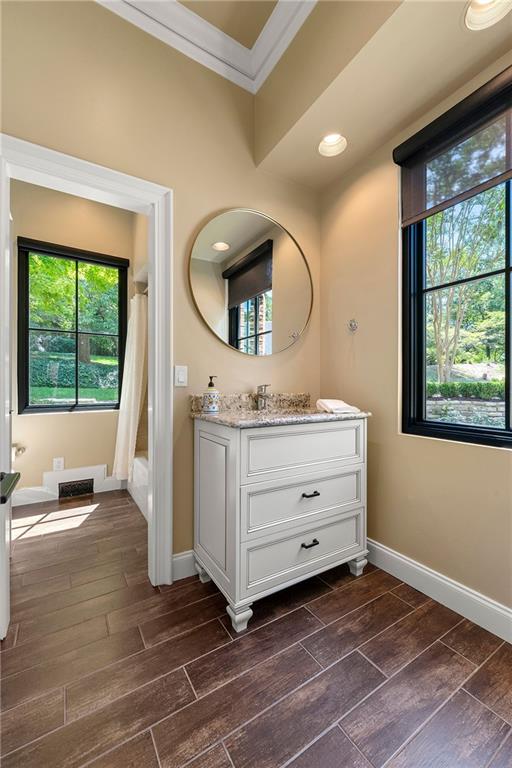 bathroom featuring wood-type flooring, vanity, ornamental molding, and a wealth of natural light