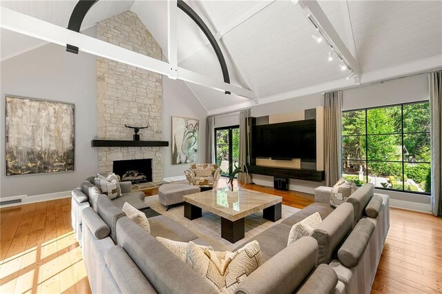 living room featuring light hardwood / wood-style flooring, high vaulted ceiling, a fireplace, and rail lighting