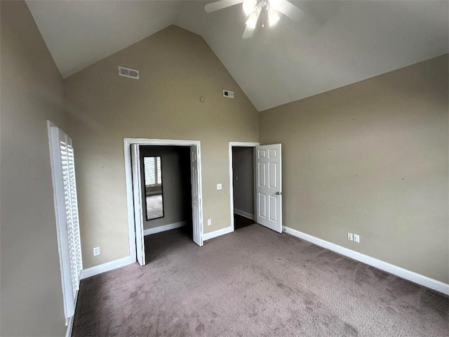114 Vinings Way SE, Calhoun, GA 30701 - unfurnished bedroom featuring high vaulted ceiling, carpet, baseboards, and ceiling fan