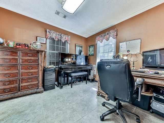 office area featuring light tile patterned flooring, a textured ceiling, and crown molding