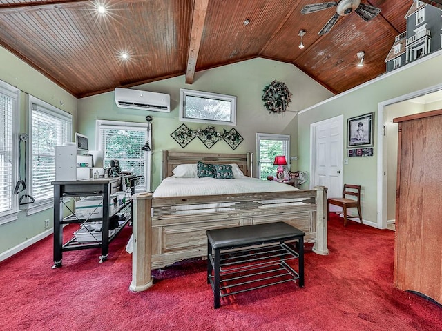 carpeted bedroom with an AC wall unit, high vaulted ceiling, wooden ceiling, and ceiling fan