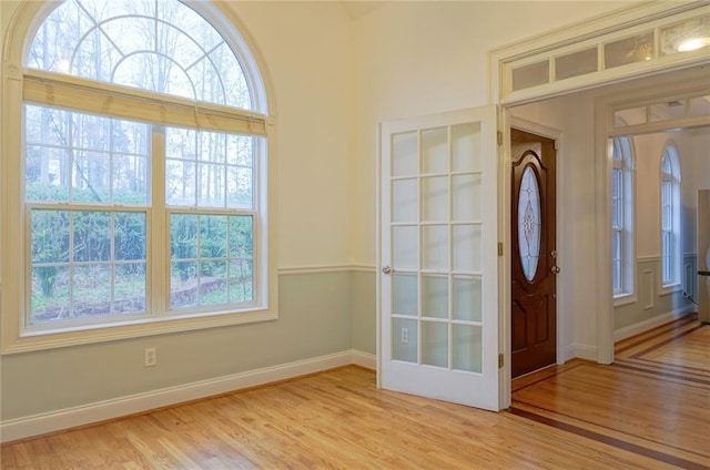 foyer featuring light wood-style floors, a wealth of natural light, and baseboards