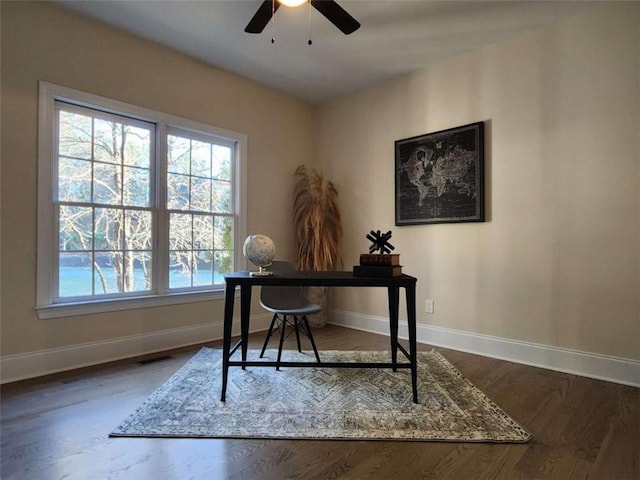 office featuring ceiling fan and dark hardwood / wood-style flooring