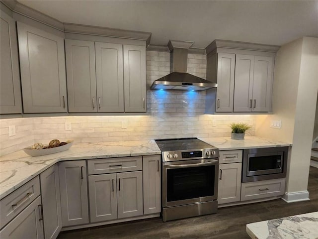 kitchen with gray cabinetry, stainless steel appliances, and wall chimney range hood