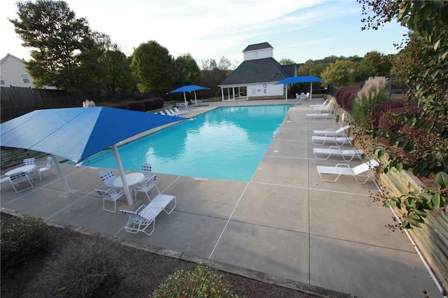 pool with fence and a patio