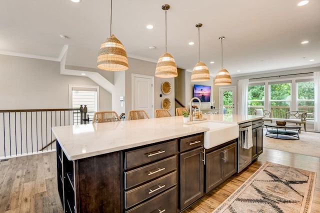 kitchen featuring hanging light fixtures, a kitchen island with sink, crown molding, and sink