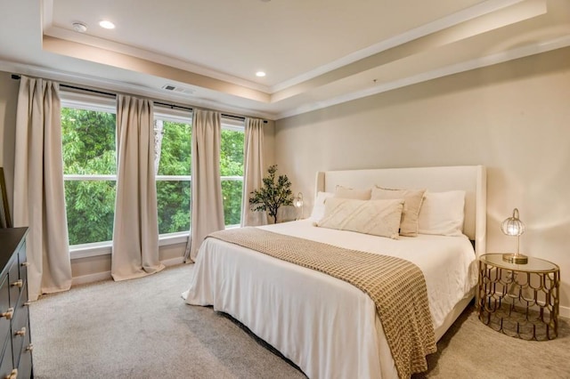 bedroom featuring light colored carpet and a tray ceiling