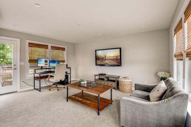 living room featuring light colored carpet