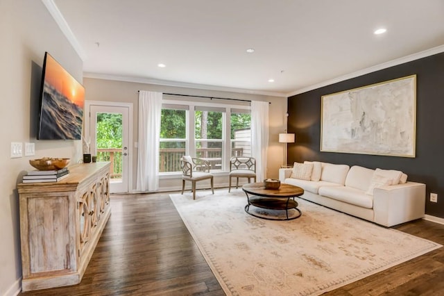 living room featuring dark hardwood / wood-style floors and ornamental molding