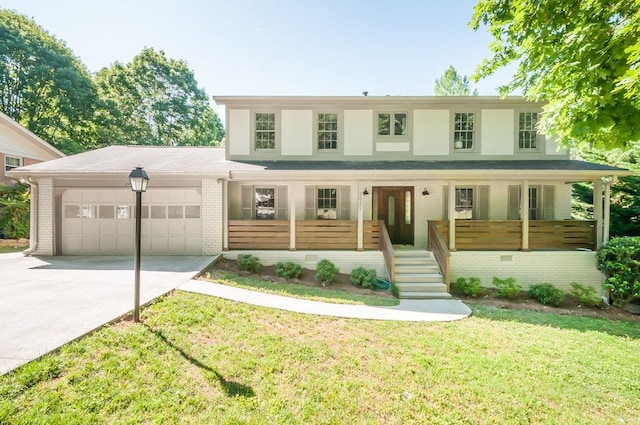 view of front facade featuring brick siding, a porch, an attached garage, a front yard, and driveway