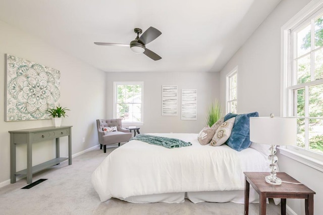 bedroom featuring carpet flooring, ceiling fan, and baseboards