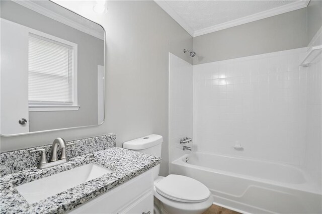 46 Forkwood Cir, Hiram, GA 30141 - bathroom featuring vanity, bathing tub / shower combination, toilet, ornamental molding, and a textured ceiling