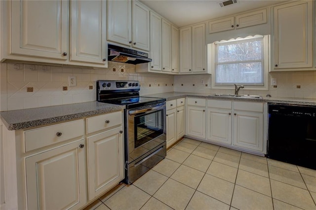 kitchen with sink, light tile patterned floors, black dishwasher, stainless steel range with electric stovetop, and white cabinets