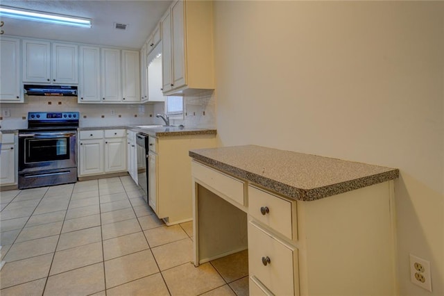 kitchen featuring white cabinetry, sink, black dishwasher, electric stove, and light tile patterned flooring