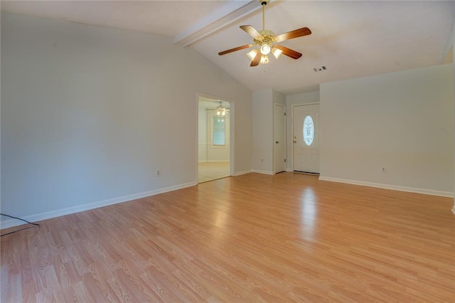 interior space featuring vaulted ceiling with beams, ceiling fan, and light hardwood / wood-style floors