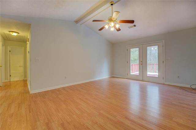 unfurnished room with ceiling fan, lofted ceiling with beams, french doors, and light hardwood / wood-style flooring