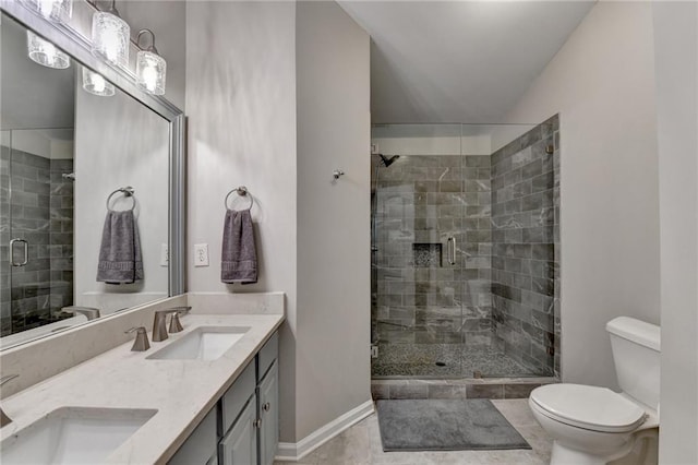 bathroom featuring tile patterned flooring, vanity, toilet, and a shower with door