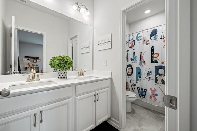 full bathroom with vanity, toilet, and shower / tub combo