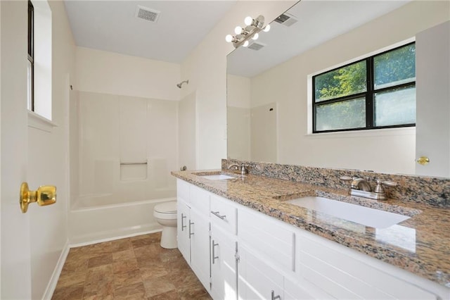 full bathroom with toilet, shower / tub combination, and vanity