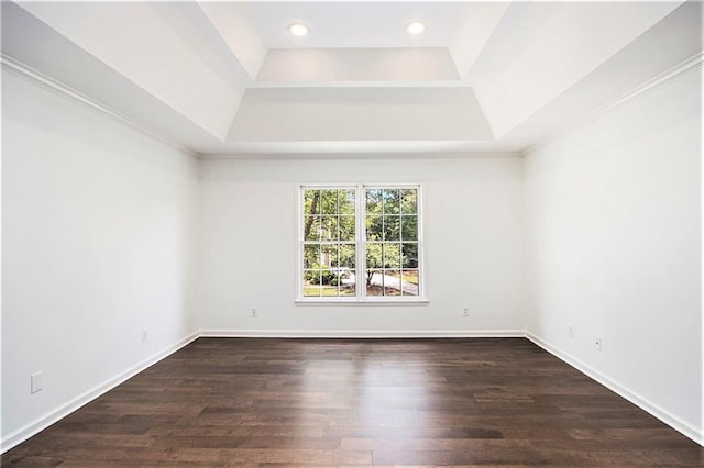 spare room featuring a raised ceiling, wood finished floors, recessed lighting, and baseboards
