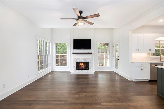 unfurnished living room featuring plenty of natural light, a premium fireplace, dark wood-style floors, and ornamental molding