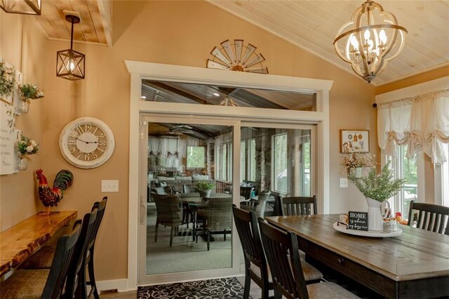 dining room featuring wood ceiling, crown molding, vaulted ceiling, and an inviting chandelier