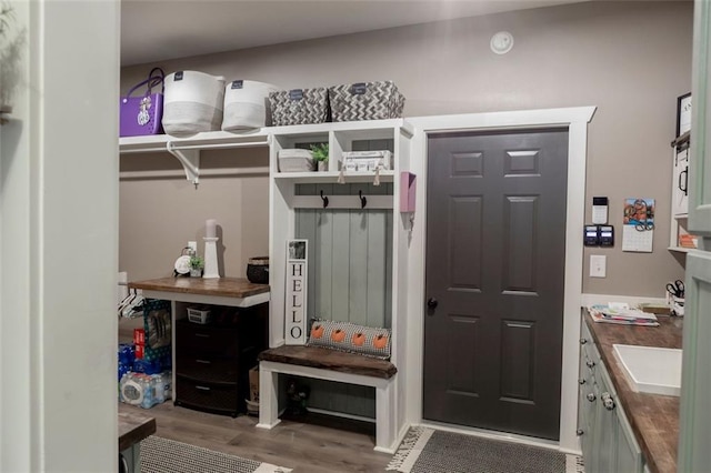 mudroom with sink and light hardwood / wood-style floors