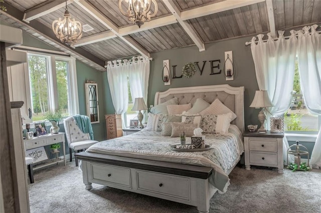 carpeted bedroom with vaulted ceiling with beams, wood ceiling, and a chandelier