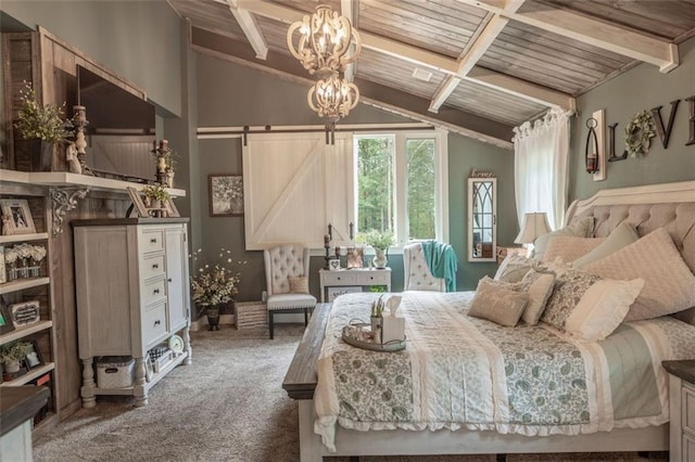 bedroom featuring lofted ceiling with beams, wooden ceiling, a barn door, and dark colored carpet