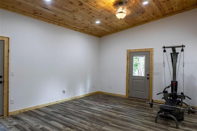 interior space with crown molding, wooden ceiling, and dark hardwood / wood-style flooring