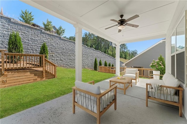 view of patio featuring an outdoor hangout area and ceiling fan