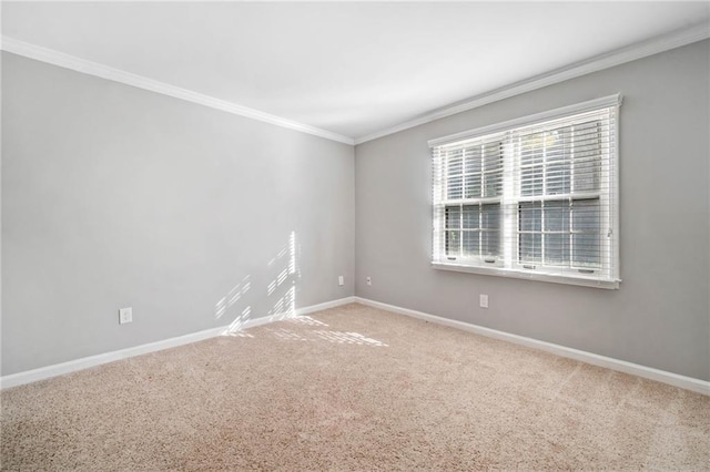 empty room featuring ornamental molding, carpet flooring, and baseboards