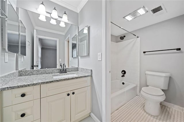 full bathroom with visible vents, toilet, tile patterned floors, crown molding, and vanity