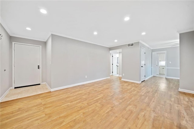 unfurnished living room featuring baseboards, visible vents, ornamental molding, light wood-style floors, and recessed lighting