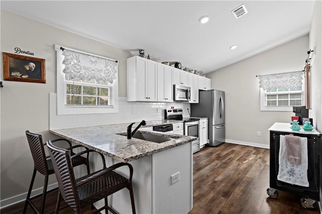 kitchen with light stone counters, appliances with stainless steel finishes, a sink, a peninsula, and a kitchen breakfast bar