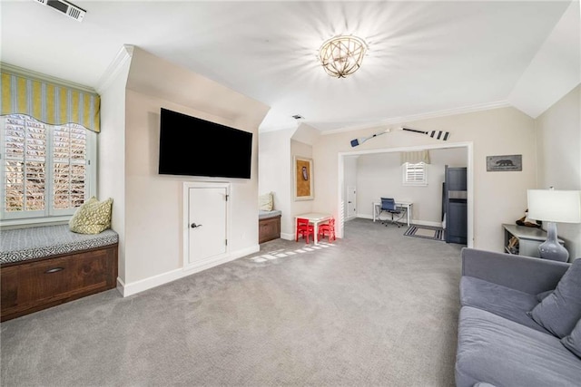 living area featuring carpet, visible vents, and ornamental molding