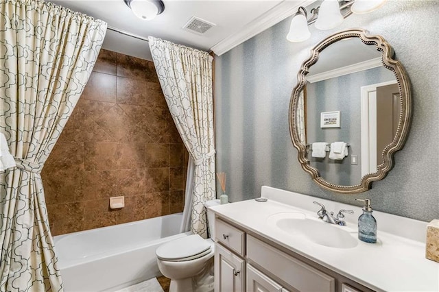 full bath featuring visible vents, toilet, shower / bath combo, ornamental molding, and vanity