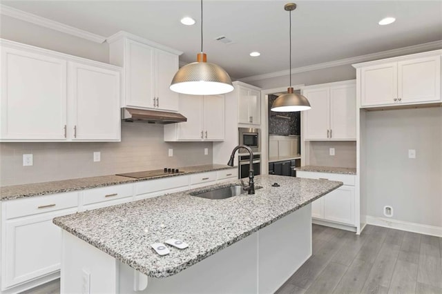 kitchen featuring white cabinetry, decorative light fixtures, sink, and a center island with sink