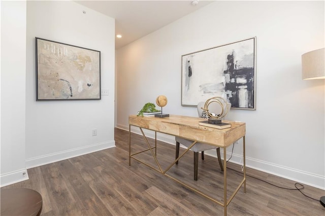 office featuring wood finished floors, baseboards, and recessed lighting