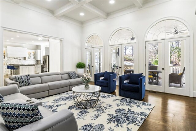 2616 Boddie Pl, Duluth, GA 30097 - living area with wood finished floors, beamed ceiling, french doors, and coffered ceiling
