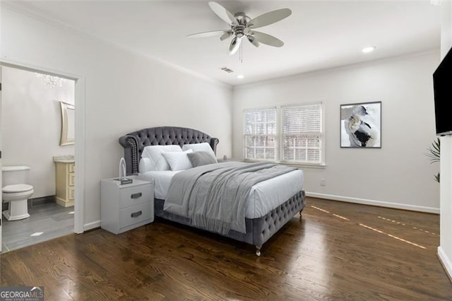 2616 Boddie Pl, Duluth, GA 30097 - bedroom with recessed lighting, baseboards, dark wood-style flooring, connected bathroom, and crown molding