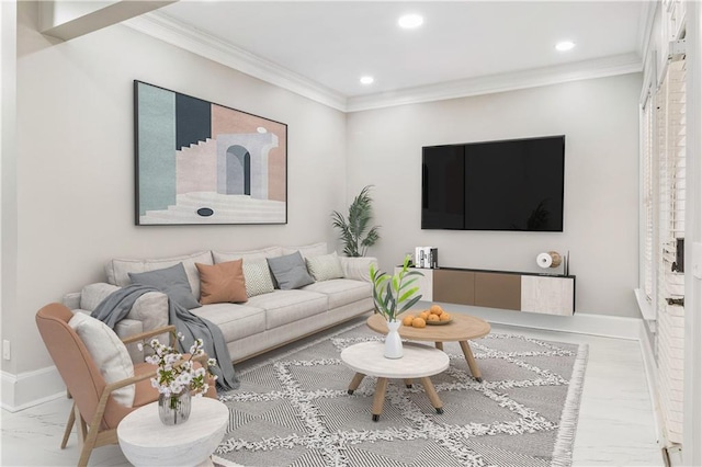 2616 Boddie Pl, Duluth, GA 30097 - living area featuring crown molding, baseboards, recessed lighting, and marble finish floor