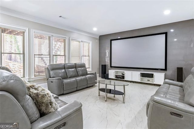 2616 Boddie Pl, Duluth, GA 30097 - cinema room with visible vents, ornamental molding, marble finish floor, and recessed lighting
