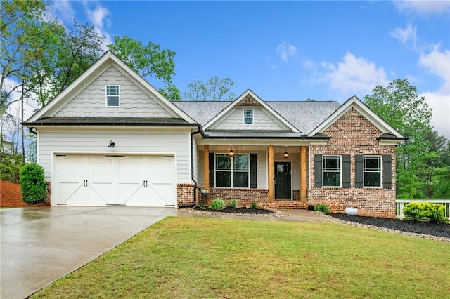8230 Dawson View Way, Cumming, GA 30028 - craftsman inspired home featuring covered porch, a front yard, brick siding, concrete driveway, and an attached garage